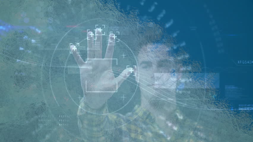 Scanning hand for biometric data with animation on transparent digital screen. technology, fingerprint, security, identification, touchscreen, futuristic - Powered by Shutterstock - Get 15% off with code: PIKWIZARD15