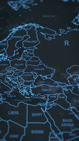 World map animation. Camera zooming in into Eastern Europe continent, focusing in Ukraine. 2d animation.