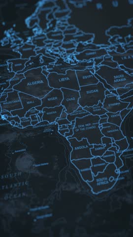 World map animation. Camera zooming in into middle african continent. 2d animation.