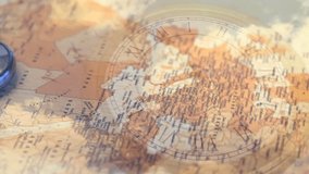 Animation of antique clock face overlaying vintage world map with magnifying glass. Time, exploration, history, navigation, adventure, discovery - Powered by Shutterstock - Get 15% off with code: PIKWIZARD15