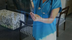 Examining X-ray, healthcare professional with financial data animation overlay in office. Radiology, medical, finance, analysis, diagnostics, technology - Powered by Shutterstock - Get 15% off with code: PIKWIZARD15