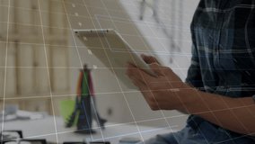Person using tablet with financial graphs and data processing animation overlay. Finance, technology, analytics, economy, digital, business - Powered by Shutterstock - Get 15% off with code: PIKWIZARD15