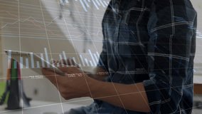 Person using tablet with financial graphs and data processing animation overlay. Finance, technology, analytics, economy, digital, business - Powered by Shutterstock - Get 15% off with code: PIKWIZARD15