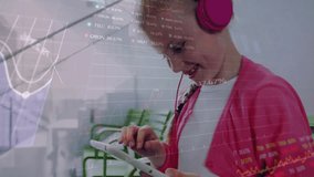 Young girl using tablet with financial data and graphs overlay animation. Technology, finance, analytics, digital, innovation, business - Powered by Shutterstock - Get 15% off with code: PIKWIZARD15