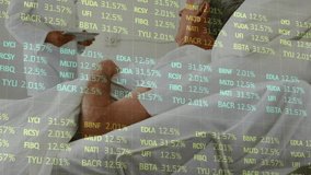 Elderly man in hospital bed with stock market data overlay animation. Healthcare, finance, investment, economy, analytics, medical - Powered by Shutterstock - Get 15% off with code: PIKWIZARD15