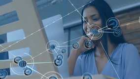 Data processing animation overlay with businesswoman working on laptop in office. Technology, digital, analytics, workflow, innovation, corporate - Powered by Shutterstock - Get 15% off with code: PIKWIZARD15