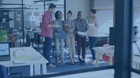 Diverse team discussing data analysis with graph animation over office scene. Business, teamwork, diversity, collaboration, corporate, meeting - Powered by Shutterstock - Get 15% off with code: PIKWIZARD15