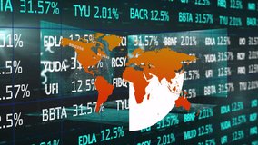 Overlaying world map with financial figures and stock market data animation. Finance, global, investment, economic, trading, analytics - Powered by Shutterstock - Get 15% off with code: PIKWIZARD15