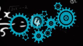 Interlocking blue gears over animation of mathematical equations on black background. Engineering, technology, innovation, mechanics, machinery, automation - Powered by Shutterstock - Get 15% off with code: PIKWIZARD15
