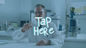 In lab, scientist gesturing with animation Tap Here text overlay. Research, innovation, laboratory, biotechnology, science, experiment - Powered by Shutterstock - Get 15% off with code: PIKWIZARD15