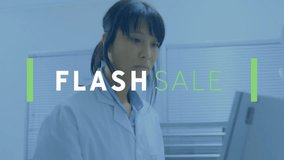 Working in lab coat, woman creating animation with Flash Sale text overlay. Design, creativity, graphic, digital, technology, marketing - Powered by Shutterstock - Get 15% off with code: PIKWIZARD15