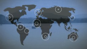 Overlaying circular data points, world map animation on scenic landscape background. Global, connectivity, data visualization, technology, earth, analytics - Powered by Shutterstock - Get 15% off with code: PIKWIZARD15