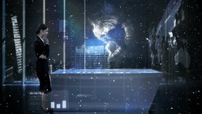 In futuristic office, two people interacting with holographic world map animation. Technology, innovation, digital, hologram, business, interaction - Powered by Shutterstock - Get 15% off with code: PIKWIZARD15