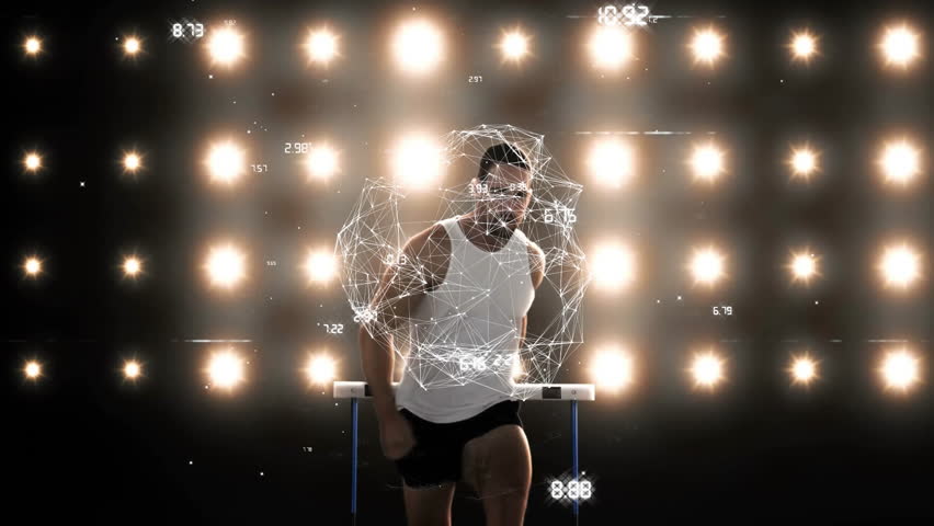 Running athlete with digital network animation overlay on illuminated backdrop. technology, futuristic, fitness, motion, glowing