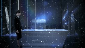 Animation of snowflakes on holographic display with people in business attire. Technology, innovation, conference, teamwork, networking, digital - Powered by Shutterstock - Get 15% off with code: PIKWIZARD15