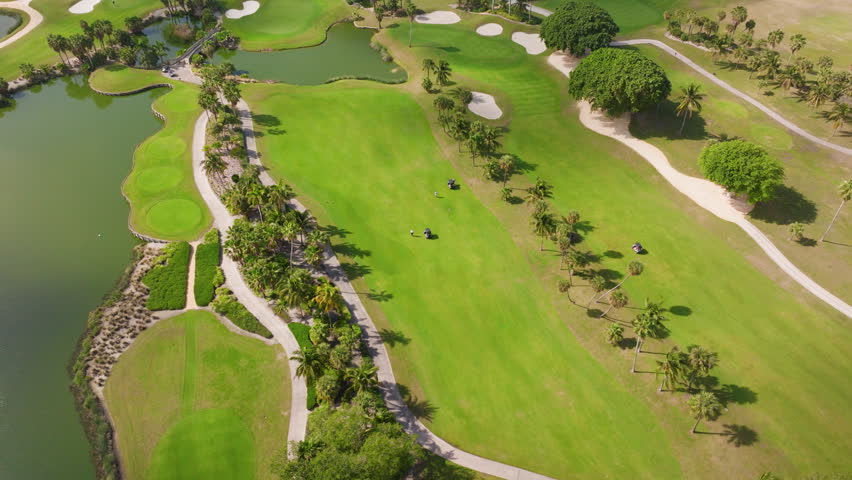 This aerial photo showcases Floridas beautiful golf courses, featuring lush landscapes, sparkling water, and ideal settings that attract both golf lovers and nature enthusiasts