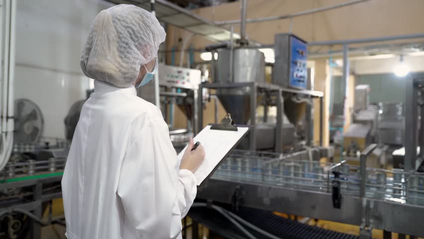 A female quality control supervisor or food technician is checking an automated production system in a ready-to-eat food manufacturing plant.