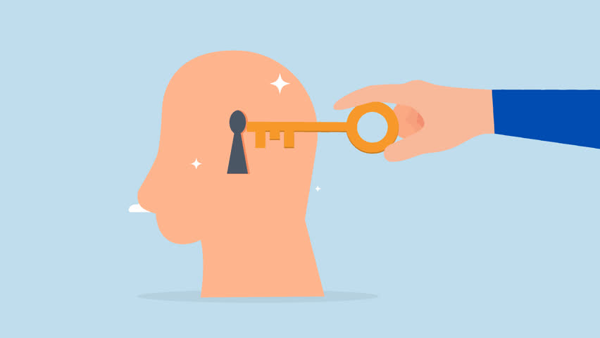 Unlock true potential, 4k animation entrepreneur hand placing golden key to unleash potential within the human mind. 