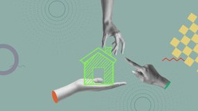 Conceptual representation of community support, home care, teamwork, and collaboration illustrated through hands, house icon, and geometric shapes in bright colors - Powered by Shutterstock - Get 15% off with code: PIKWIZARD15