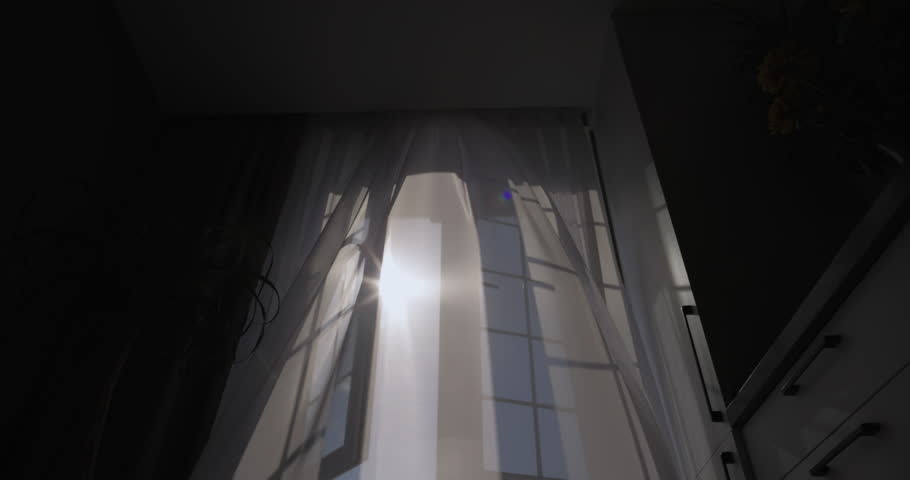Open window sunlight. Sunshine streaming through open window. Transparent white curtain tulle moves from wind from open window. Slow motionclean fresh air and peaceful atmosphere. Apartments