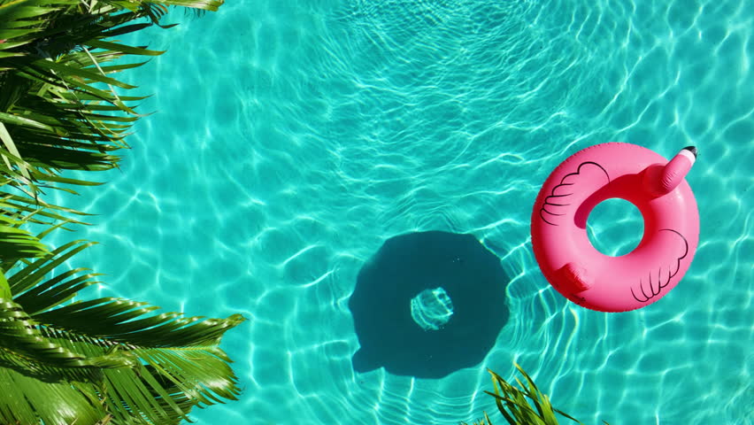 A top-down view of a vibrant swimming pool featuring a pink inflatable float, surrounded by crystal clear water and lush tropical palm trees on a sunny summer day, creating a serene and inviting scene