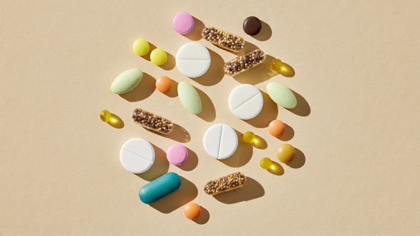 various colorful pills rotate on beige background, top view