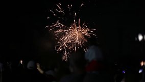 A crowd of people watching multi-colored fireworks against the background of the night sky, slow motion - Powered by Shutterstock - Get 15% off with code: PIKWIZARD15