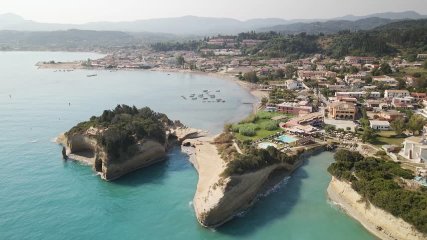 Aerial panoramic view of Sidari resort and Canal d'Amour in Corfu island, Greece