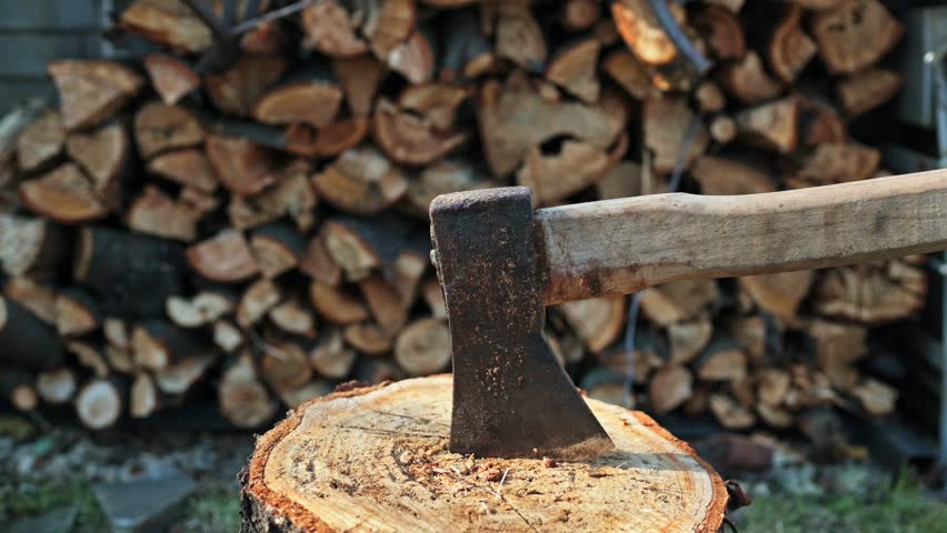 old ax stuck in a log on the background of firewood