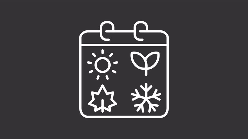 Seasonal cycle white line animation. Four seasons animated icon. Sun, sprout, snowflake and maple leaf on calendar. Isolated illustration on dark background. Transition alpha video. Motion graphic