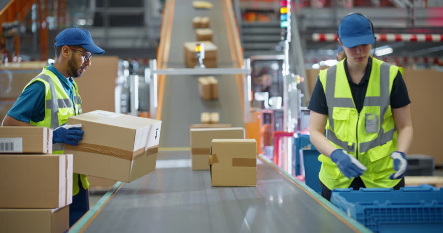 Young Factory Employees Placing Boxes with Products on an Automated Production Line, Moving Goods to a Logistics Center. Workers Preparing Items for Early Morning Delivery to Customers and Subscribers