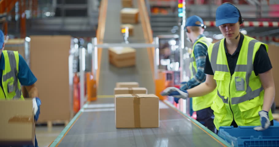 Young Factory Employees Placing Boxes with Products on an Automated Production Line, Moving Goods to a Logistics Center. Workers Preparing Items for Early Morning Delivery to Customers and Subscribers