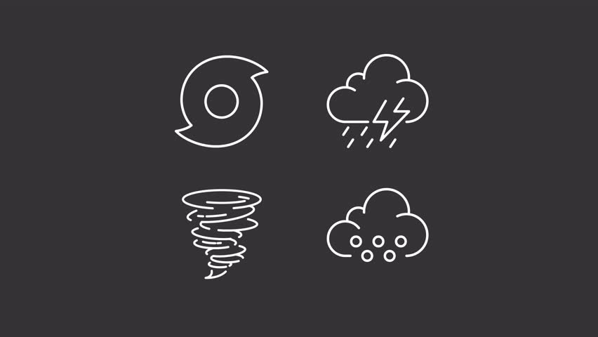 Natural disasters white line animation. Precipitation and storms animated line icons. Weather forecast science. Black illustrations on white background. HD video with alpha channel. Motion graphic