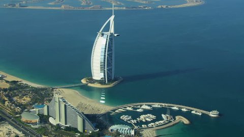 DUBAI, UAE - November 18, 2012: Aerial view Dubai coastline, Burj Al Arab, Jumeirah Beach Hotel daytime