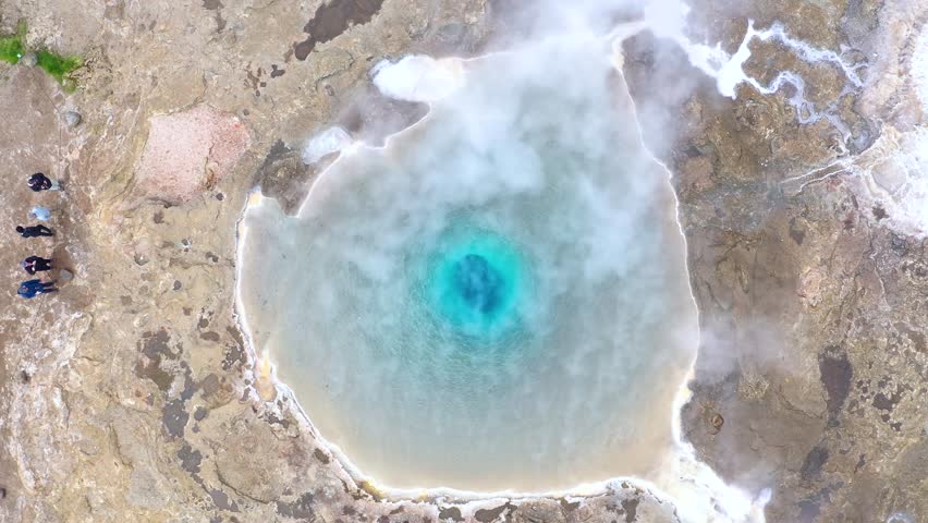  Flying above the Great Geyser, geysir in the Golden Circle, Iceland, slow motion aerial view
