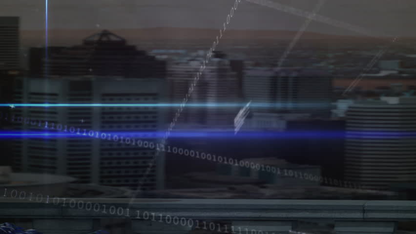 Binary code and digital data processing animation over urban cityscape. Technology, futuristic, cybersecurity, innovation, virtual, network - Powered by Shutterstock - Get 15% off with code: PIKWIZARD15