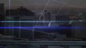 Binary code and digital data processing animation over urban cityscape. Technology, futuristic, cybersecurity, innovation, virtual, network - Powered by Shutterstock - Get 15% off with code: PIKWIZARD15