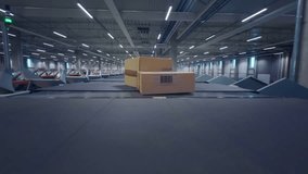 Cardboard Parcel is Transported on a Conveyor Track Through a Large Postal Office or Retail Online Store Logistics Center. POV Footage of Boxes, Mail, Packages Moving in a Distribution Shipping Hub - Powered by Shutterstock - Get 15% off with code: PIKWIZARD15