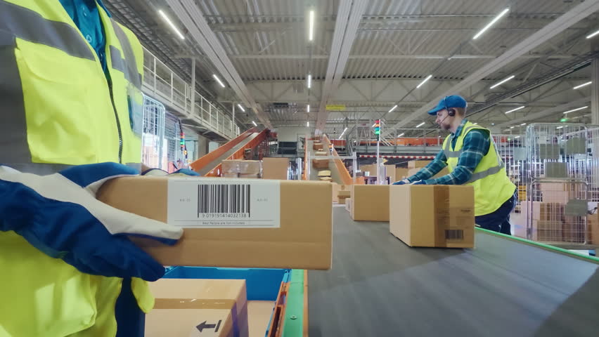POV Footage on a Conveyor Line in a Logistics Center. Employees Sorting and Loading Parcels, Packages, Cardboard Boxes on a Conveyor Belt in a Postal Office or Retail Shop Warehouse Facility