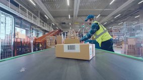 POV Footage on a Conveyor Line in a Logistics Center. Employees Sorting and Loading Parcels, Packages, Cardboard Boxes on a Conveyor Belt in a Postal Office or Retail Shop Warehouse Facility - Powered by Shutterstock - Get 15% off with code: PIKWIZARD15