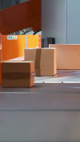 Vertical Screen: Parcels, Boxes, Packages are Transported on an Automated Conveyor Line in a Busy Sorting Center at a Postal Service Warehouse. Concept of Logistics and Postal Service Operations