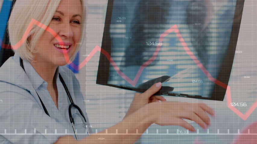 Analyzing X-ray with financial graph overlay, doctor in medical office. Healthcare, finance, analysis, technology, diagnostics, innovation - Powered by Shutterstock - Get 15% off with code: PIKWIZARD15