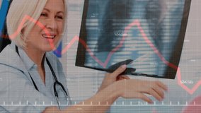 Analyzing X-ray with financial graph overlay, doctor in medical office. Healthcare, finance, analysis, technology, diagnostics, innovation - Powered by Shutterstock - Get 15% off with code: PIKWIZARD15