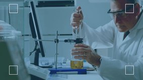 Conducting experiment, scientist in laboratory with glass equipment and protective eyewear. Science, research, safety, experimentation, chemistry, innovation - Powered by Shutterstock - Get 15% off with code: PIKWIZARD15