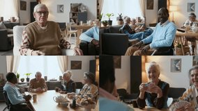 Split screen of elderly Caucasian man sitting in armchair with remote control, senior Black man in wheelchair smiling at camera, company of old friends playing cards in nursing home - Powered by Shutterstock - Get 15% off with code: PIKWIZARD15
