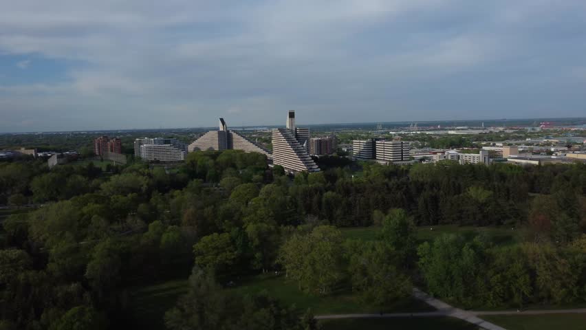 Aerial pan of Olympic Village apartment buildings near Parc Maisonneuve