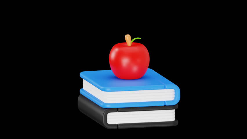 3D Apple on Books Representing Knowledge and Education, 4K Animation, Alpha Channel