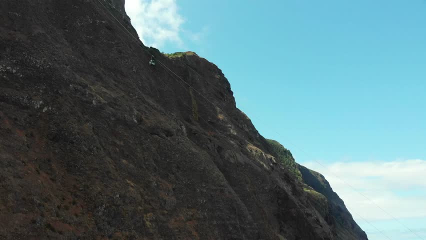Drone shot of a cable car going down to Achadas da Cruz in Madeira