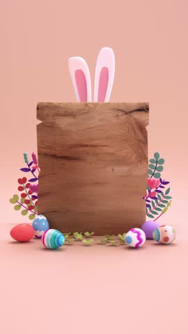 Happy Easter looping video for social media greetings with decorated eggs, playful bunny ears behind a wooden board for texts. Colorful modern cartoon style and 3D animation