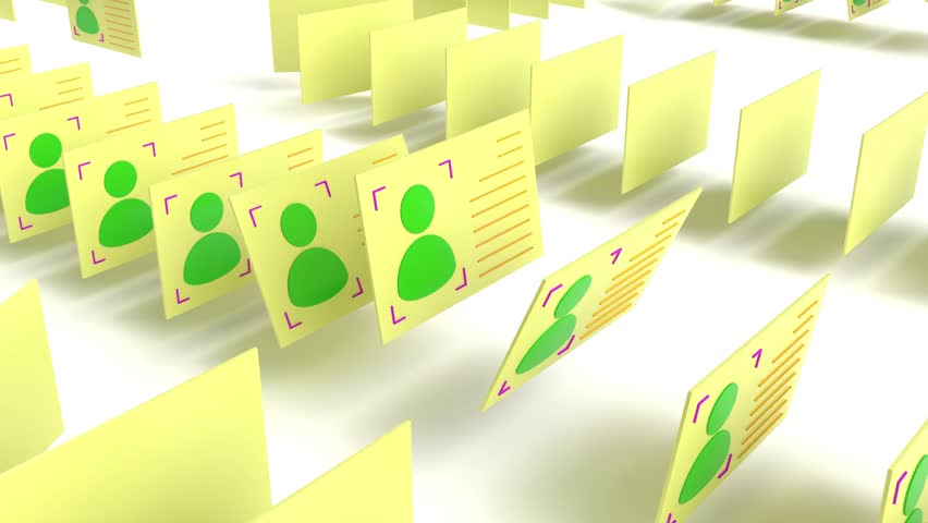 Yellow ID card move in row line on white bg 4k. 3D Illustration